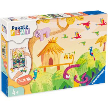 Joc de societate tip puzzle Ravensburger din 2 x 24 de piese - Explorand jungla