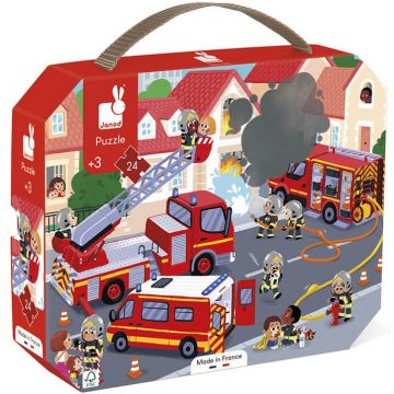 Puzzle pentru copii in valiza Janod - Pompieri, 24 piese