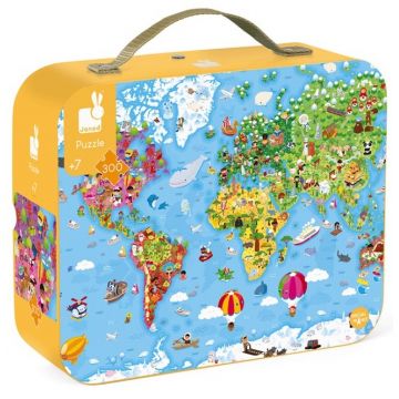Set de puzzle-uri intr-o valiza Janod - Harta lumii, 300 de piese