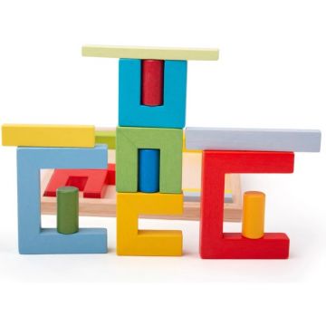 Bigjigs Set din lemn - Puzzle de construcții cu forme colorate