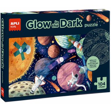 Puzzle luminos Apli Kids - Sistem solar, 104 piese, cu afis