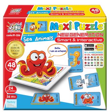 Puzzle vorbitor educațional Jagu - Animale marine, 48 de piese