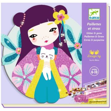 Set de colorat creativ Djeco - Onnanoko, cu brocart și cristale