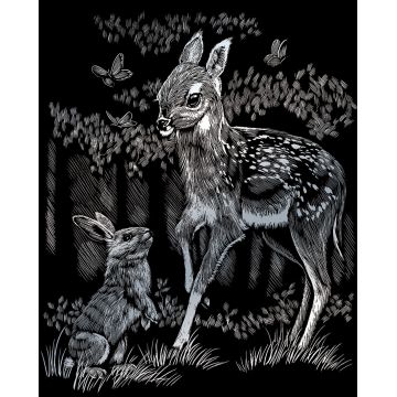 Set de gravură în argint regal - Căprioară și iepuraș, 20 x 25 cm