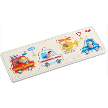 Puzzle din lemn cu mâner Haba - Vehicule, 5 piese