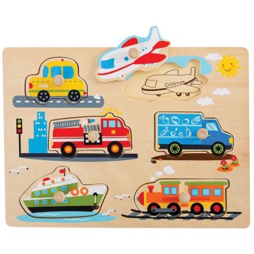 Puzzle din lemn cu mâner Tooky Toy - Vehicule de transport