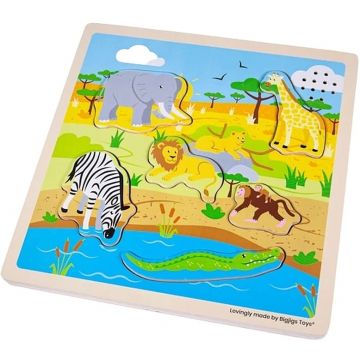 Puzzle din lemn cu sunete Bigjigs - Safari, 6 piese