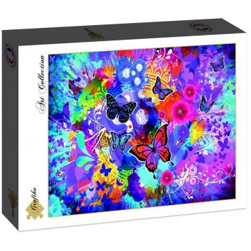 Puzzle Grafika din 1500 de piese - Flori și fluturi colorați