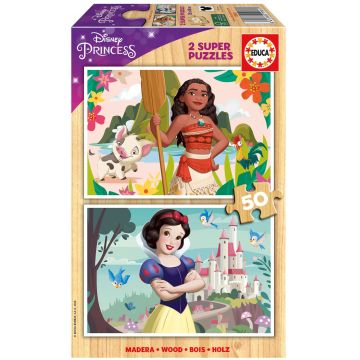 Puzzle de lemn pentru copii Educa din 2 x 50 de piese - Printesele Disney: Vaiana si Alba ca Zapada