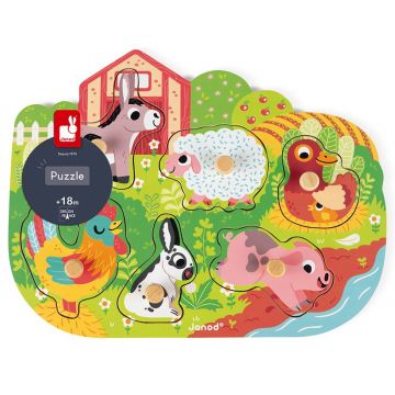 Puzzle din lemn cu mânere Janod - Animale de fermă