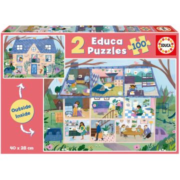 Puzzle pentrucopii Educa din 2 x 100 de piese - Casa în exterior și interior
