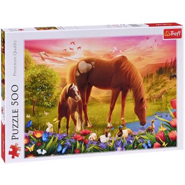 Puzzle Trefl din 500 de piese - Cai pe câmpuri