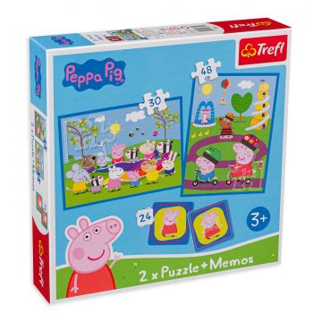 Set de puzzle si joc de memorie Trefl 2 in 1 - Momenti fericiti cu Peppa