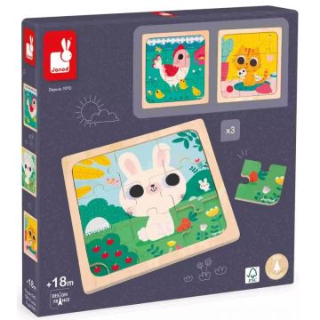 Set de puzzle-uri din lemn Janod - Trio, cu animale