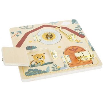 Jucărie din lemn Small Foot - Placă activă Safari, Uși și încuietori
