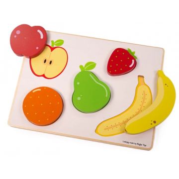 Puzzle senzorial din lemn Bigjigs - Fructe, Ridicare și Vedere