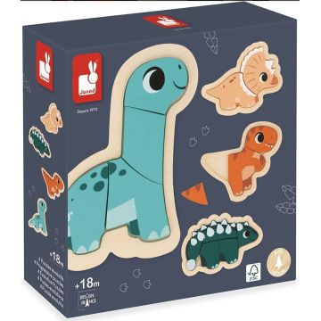 Puzzle-uri din lemn Janod - Dinozauri, 4 bucăți