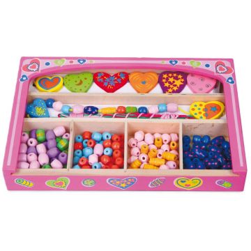 Set din lemn  Viga - Mărgele șir într-o cutie, Inimi