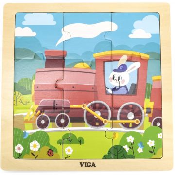 Puzzle din lemn Viga Toys – Mașinist iepuraș, 9 piese