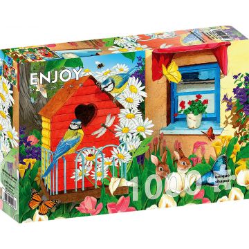 Puzzle Enjoy din 1000 de piese - Grădină cu căsuțe pentru păsări