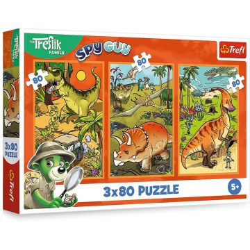 Puzzle pentru copii Trefl din 3 x 80 piese- Treflix în lumea dinozaurilor