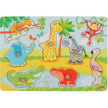 Puzzle din lemn cu mânere Goki - animale africane pentru copii, 8 piese