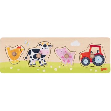 Puzzle din lemn cu mânere Goki - La fermă, 4 piese