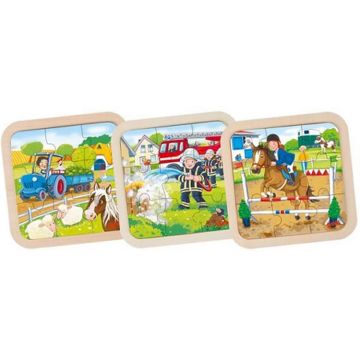 Puzzle din lemn Goki - Fermă, stație de pompieri, asortiment