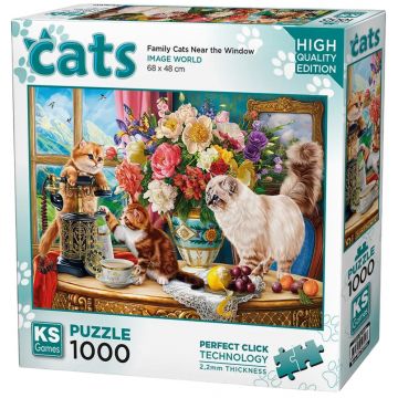 Puzzle KS Games din 1000 piese - Familie de pisici lângă fereastră