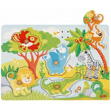 Puzzle muzical din lemn cu mânere Goki - Animale din zoo, 6 piese