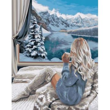 Pictură mozaic cu diamante  MagicArt -Confort de iarnă, 30 x 40 cm, cu mărgele rotunde + AB