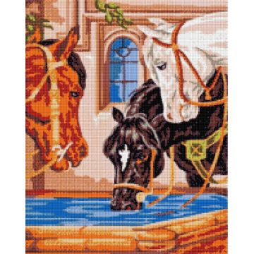 Pictură mozaic cu diamante  MagicArt: Premium - Cai la o adăpătoare, mărgele pătrate 40 x 50 cm + AB