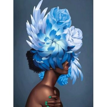 Pictură mozaic cu diamante  MagicArt: Premium - Doamnă cu flori albastre, 30 x 40 cm, cu mărgele rotunde + AB