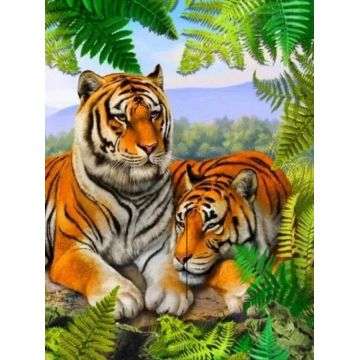 Pictură mozaic cu diamante  MagicArt: Premium - Familia tigrilor, 30 x 40 cm, cu mărgele rotunde + AB