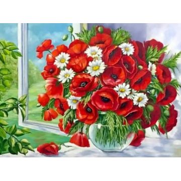 Pictură mozaic cu diamante  MagicArt: Premium - Maci și margarete, 20 x 30 cm, cu mărgele rotunde + AB