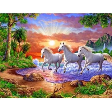 Pictură mozaic cu diamante  MagicArt: Premium - Mustangi albi, 30 x 40 cm, cu mărgele rotunde + AB
