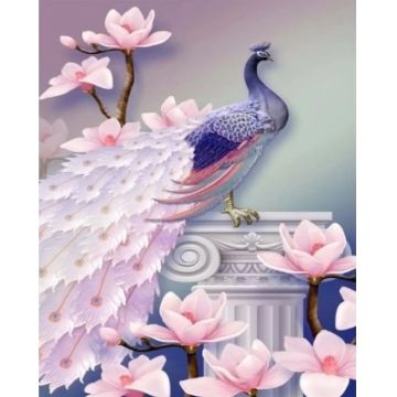 Pictură mozaic cu diamante  MagicArt: Premium -Păun cu magnolii, 30 x 40 cm, cu mărgele rotunde + AB