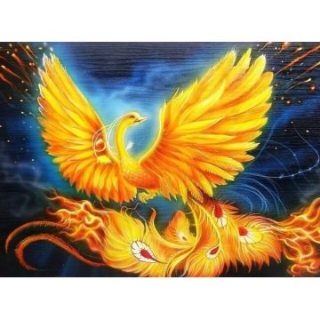 Pictură mozaic cu diamante  MagicArt: Premium - Phoenix aprins, 30 x 40 cm, cu mărgele rotunde + AB