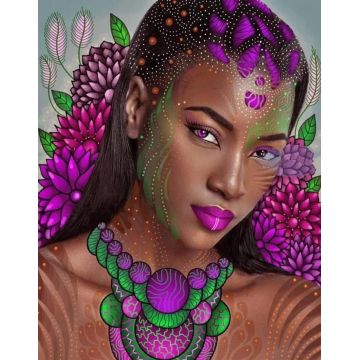 Pictură mozaic cu diamante  MagicArt: Premium - Prințesă africană, 40 x 50 cm, cu mărgele rotunde + AB