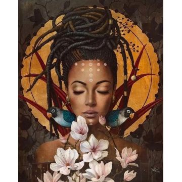 Pictură mozaic cu diamante  MagicArt: Premium - Regina africană, 40 x 50 cm, cu mărgele rotunde + AB