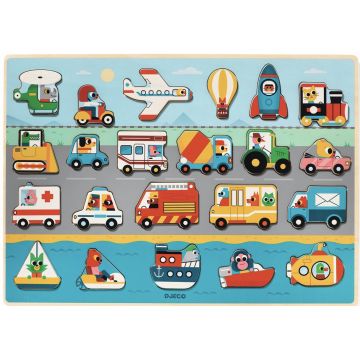 Puzzle din lemn Djeco - Vehicule, 22 piese
