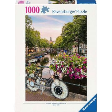 Puzzle Ravensburger din 1000 piese - Bicicletă și flori în Amsterdam