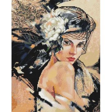 Set de broderie cu diamante MagicArt - Doamna în negru, 40 х 50 cm, cu mărgele rotunde, inspirate dintr-o pictură de Miglena Kirilova
