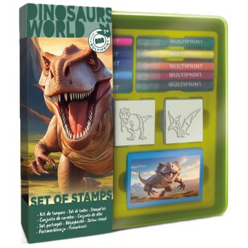 Set de ștampile Multiprint Dinosaurs World - 4 buc, cu 10 carioci