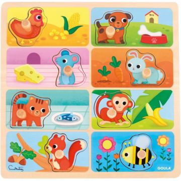 Puzzle din lemn pentru copii Goula din 8 piese - Cine ce mănâncă?