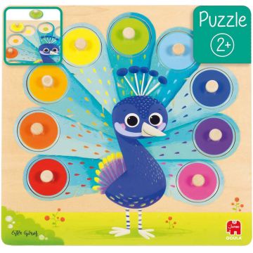 Puzzle din lemn pentru copii Goula din 8 piese - Învață culorile cu păun