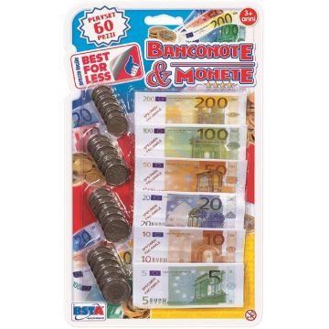Set de joacă RS Toys - Bancnote și monede euro, 60 de bucăți