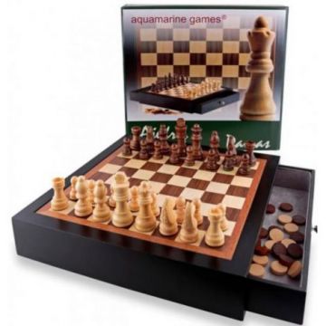 Chess and checkers in black wooden case