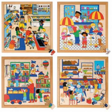 Set de 4 puzzle din lemn La cumparaturi