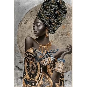 Goblen diamant MagicArt – Africancă cu bijuterii aurii, 40 x 50 cm, cu mărgele rotunde